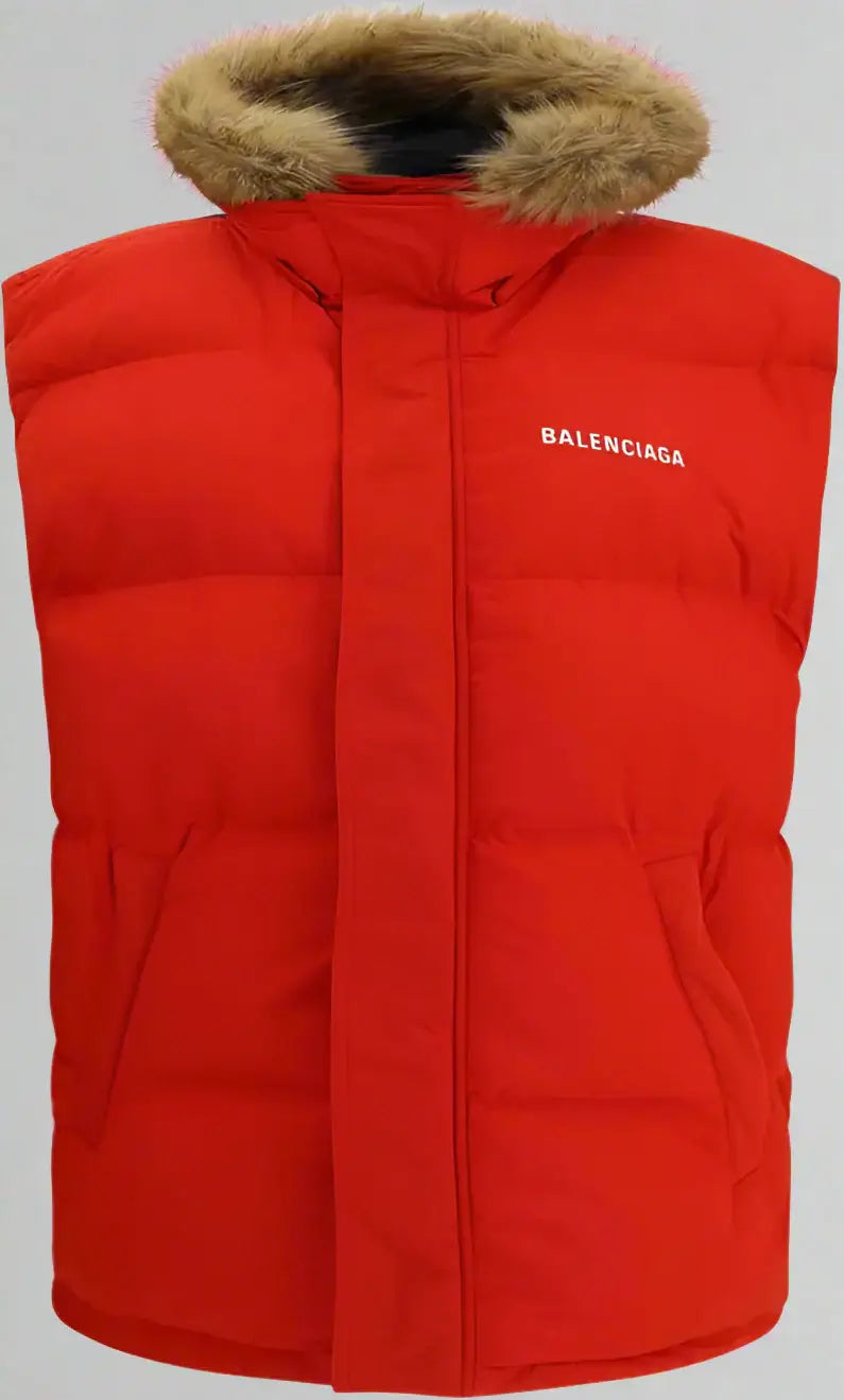 Red puffer vest with fur hood and Balenciaga branding on a white background