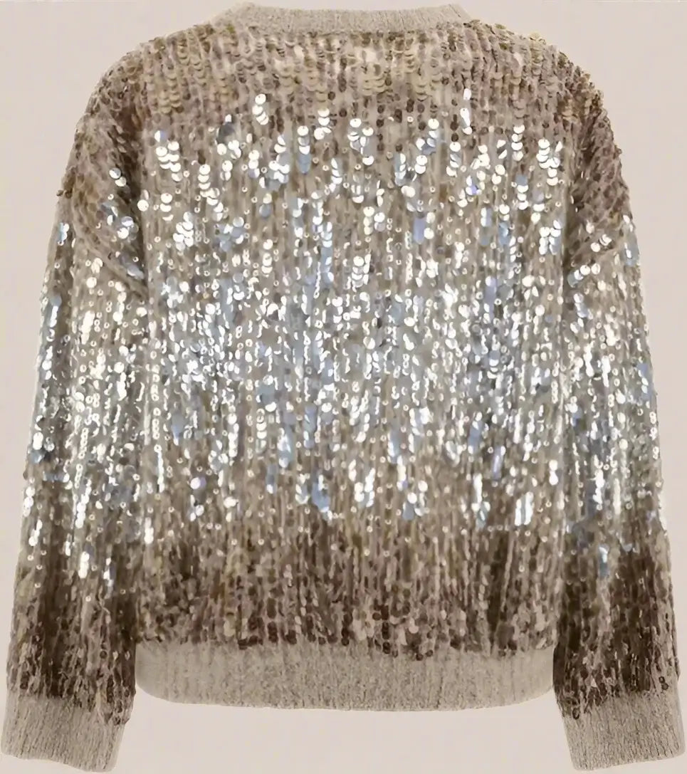 Sequined sweater with a neutral color palette on a white background