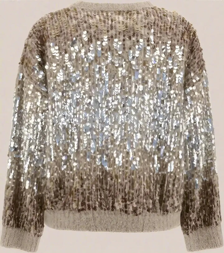 Sequined sweater with a neutral color palette on a white background