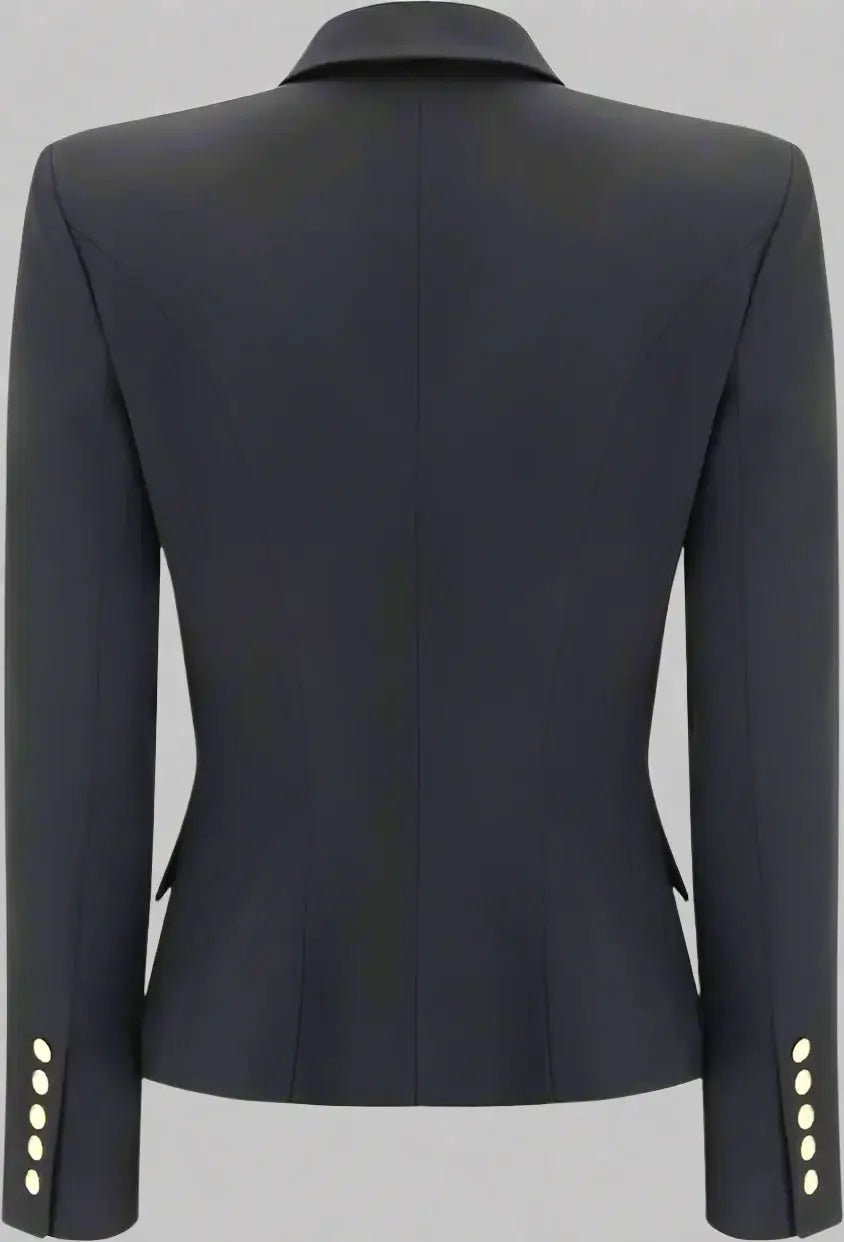 Black blazer with white buttons on a white background