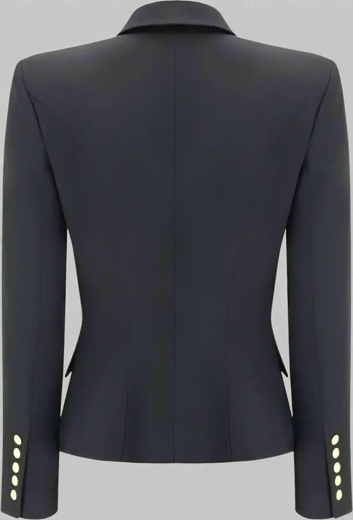 Black blazer with white buttons on a white background