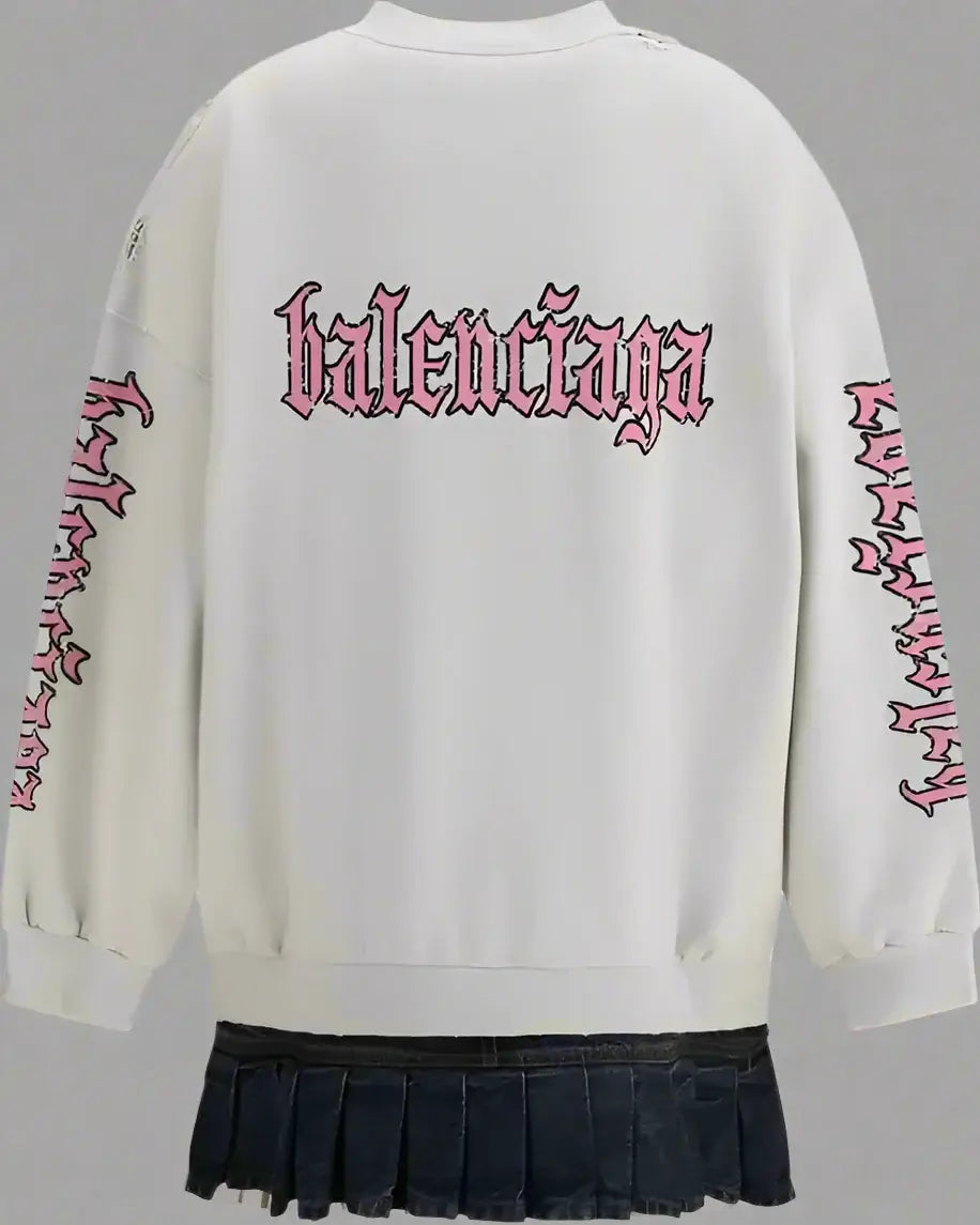 Gray sweatshirt with pink 'balenciaga' logo and black pleated skirt on a white background