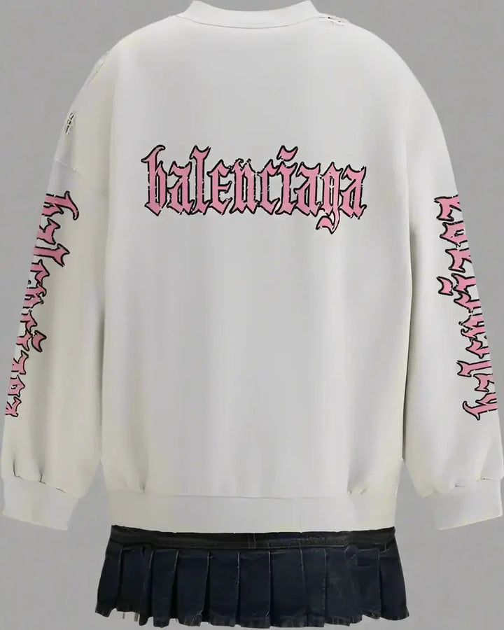 Gray sweatshirt with pink 'balenciaga' logo and black pleated skirt on a white background