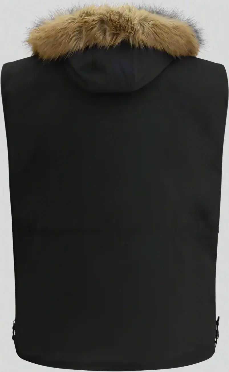 Black vest with fur hood on a white background