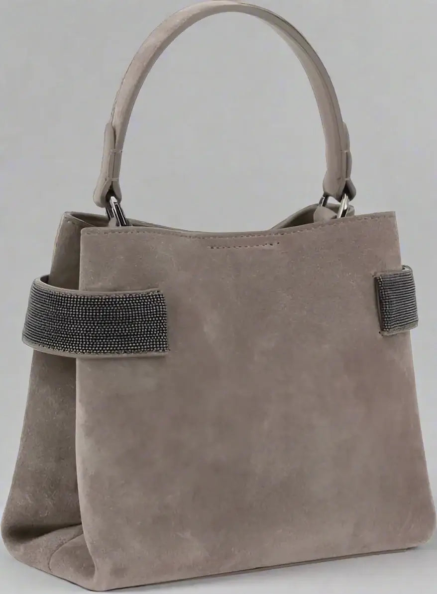 Gray handbag with a strap on a white background