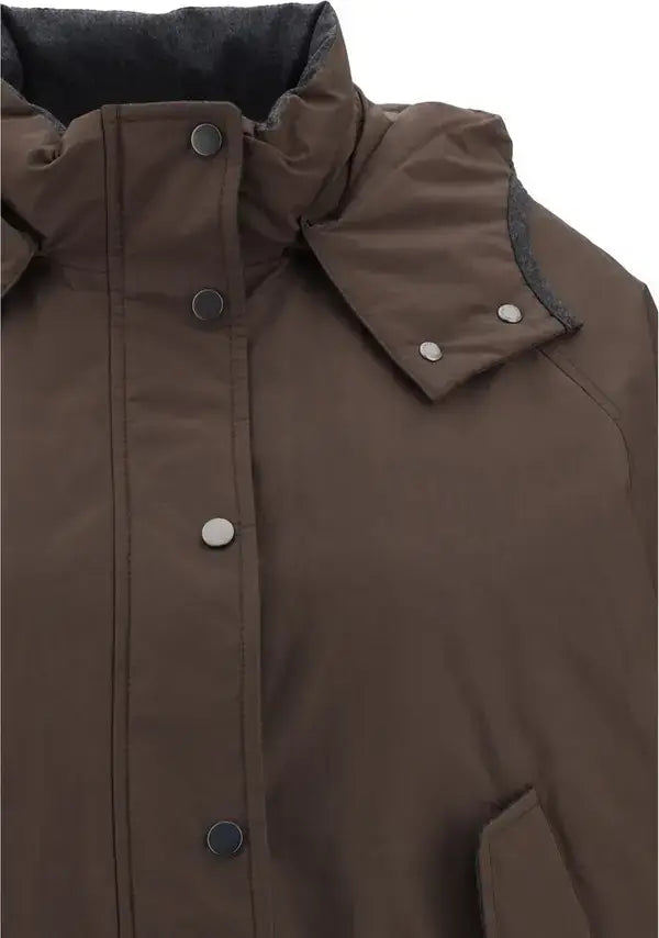 Brown jacket with button details on a white background