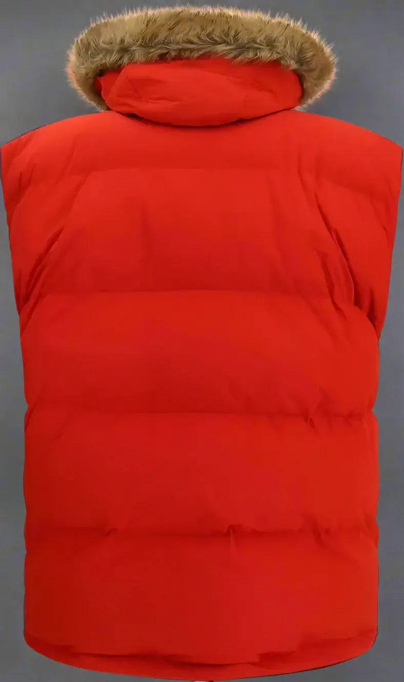 Red puffer vest with fur-lined hood on a white background