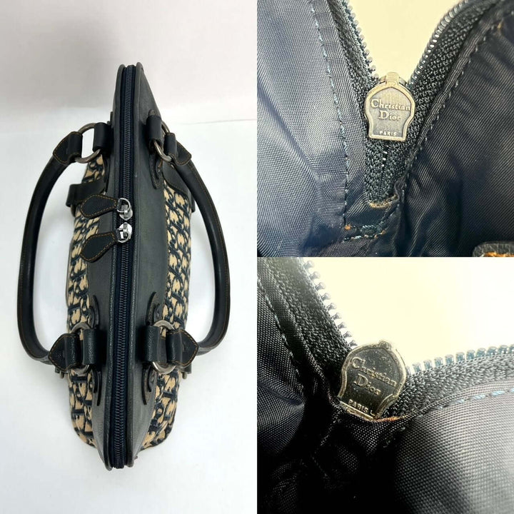 CHRISTIAN DIOR Monogram Trotter CD Blue Canvas Hand Bag interior details and zippers, luxury bags, pre-owned, excellent condition