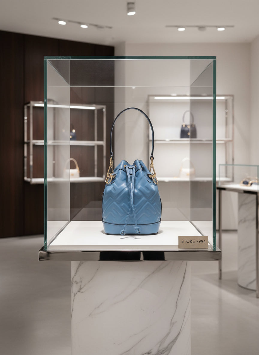 Blue quilted handbag on a white background
