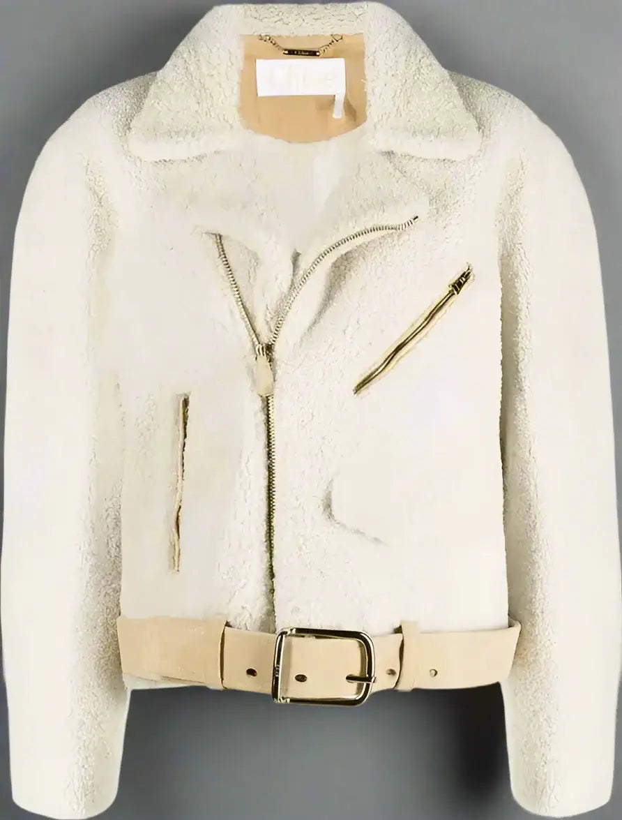 White shearling jacket with a belt on a white background