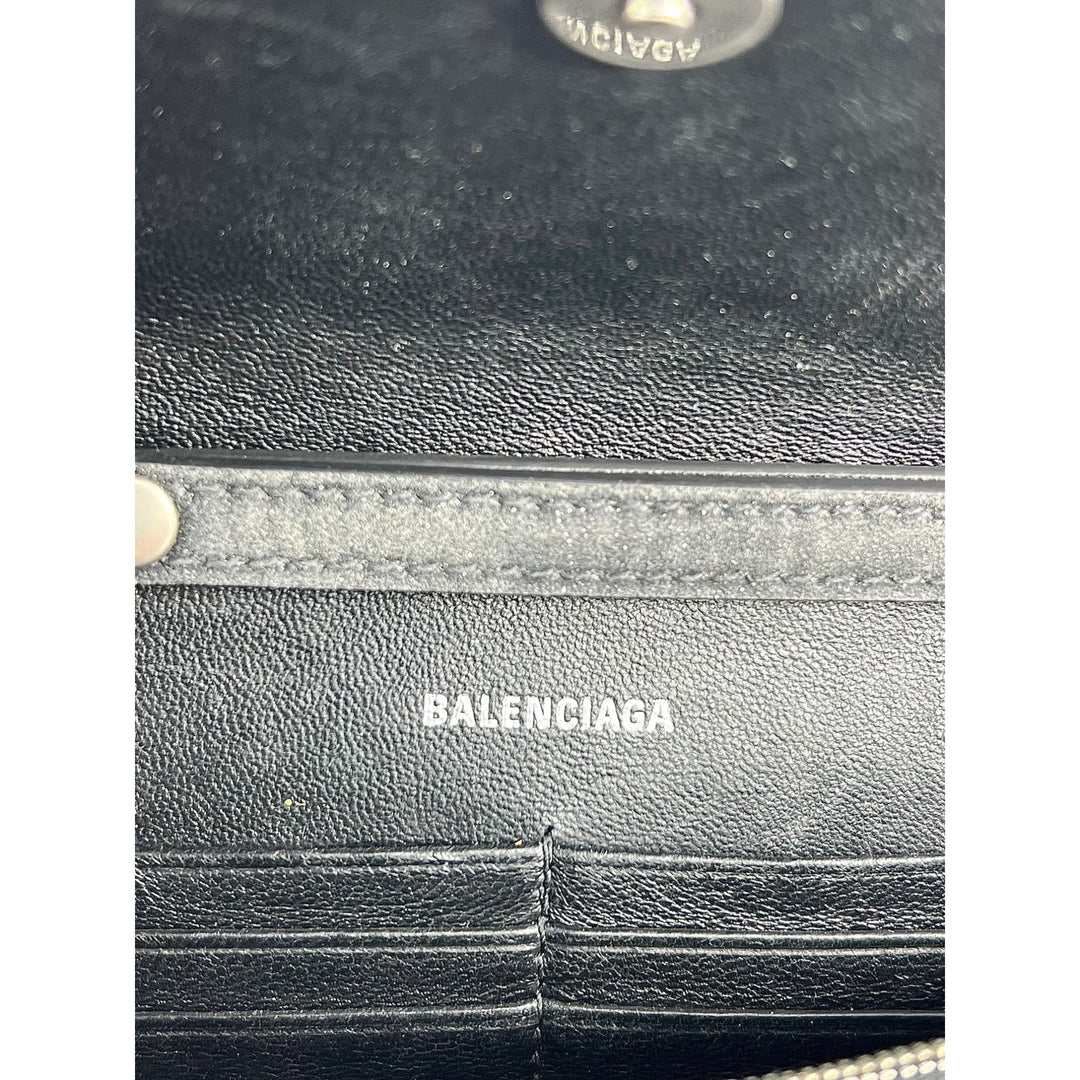 BALENCIAGA Hourglass Wallet On Chain Black Glitter Clutch Shoulder Bag