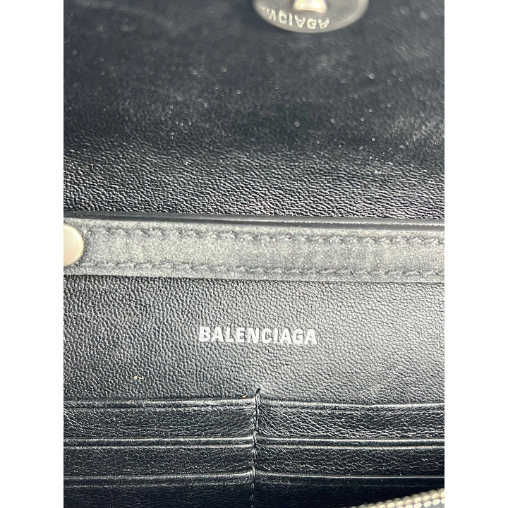 BALENCIAGA Hourglass Wallet On Chain Black Glitter Clutch Shoulder Bag