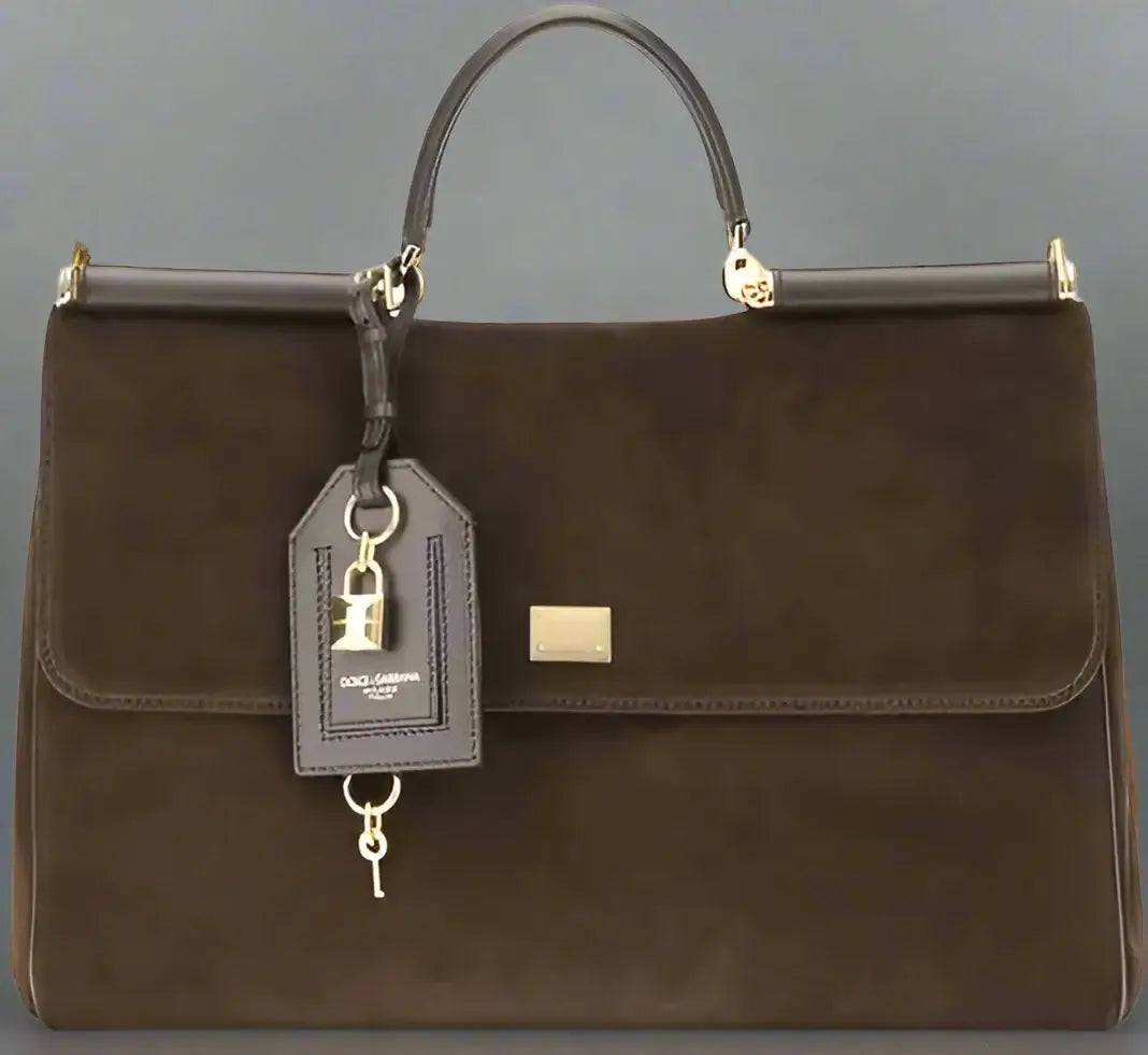 Brown handbag with a tag on a white background