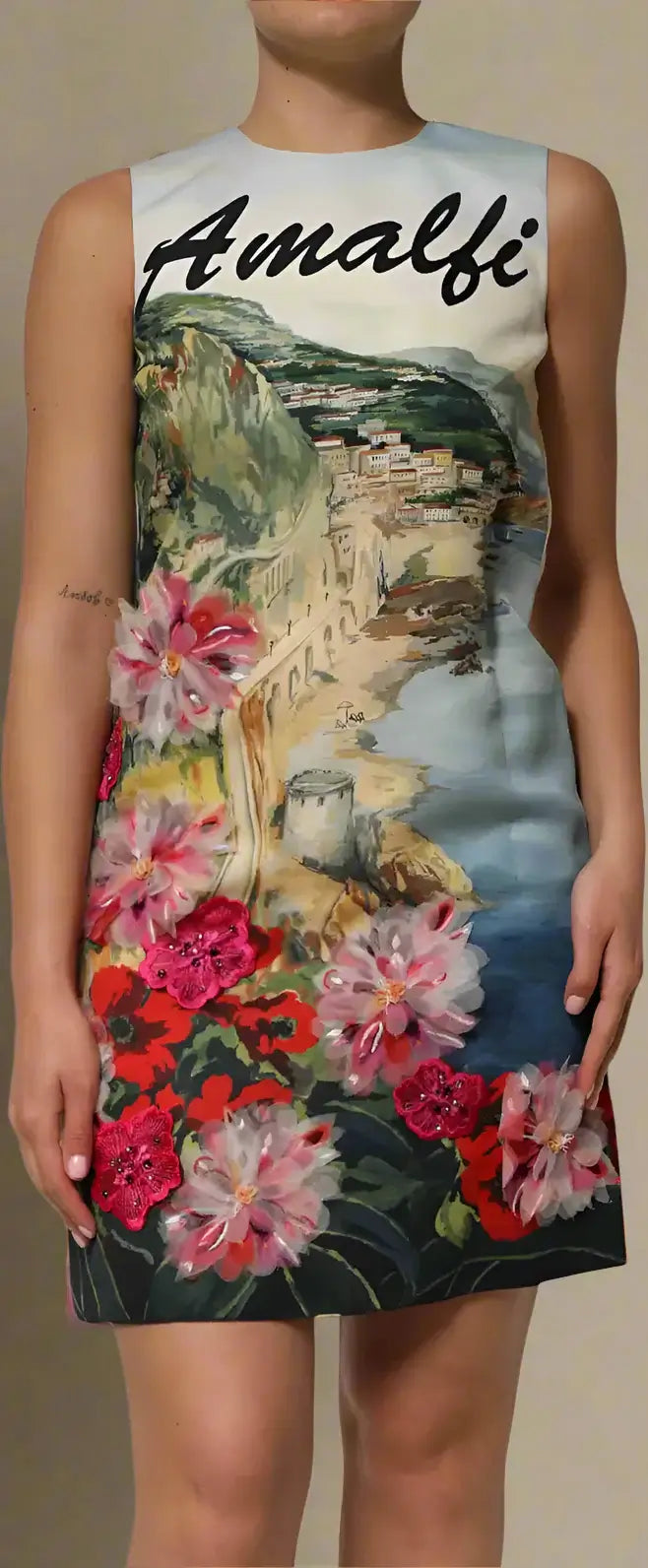 Dress with floral design and 'Amalfi' text on a sleeveless garment