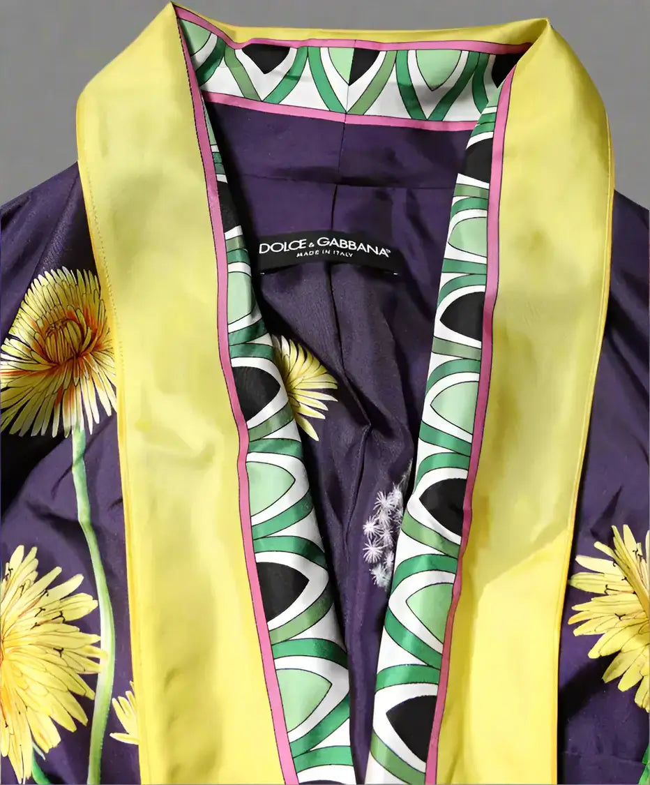 DOLCE & GABBANA women's Blue Floral Print Silk Long Sleeves Wrap Robe