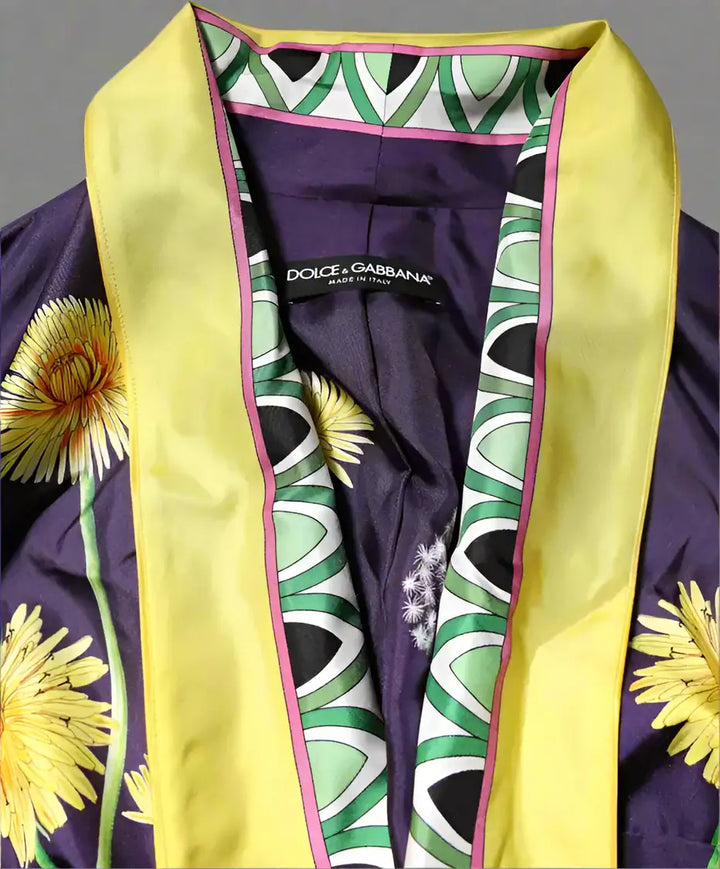 DOLCE & GABBANA women's Blue Floral Print Silk Long Sleeves Wrap Robe