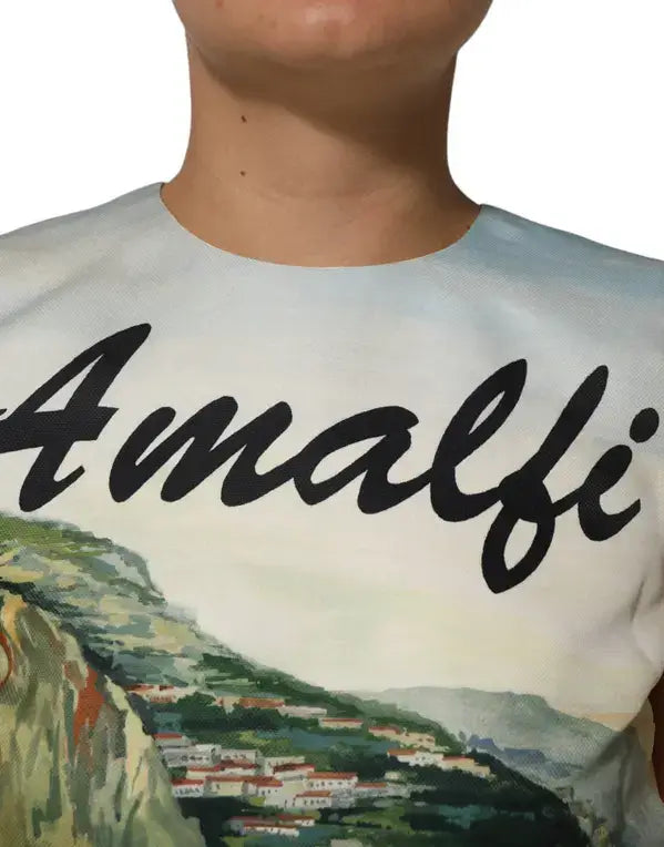 T-shirt with 'Amalfi' text and scenic design on a plain background