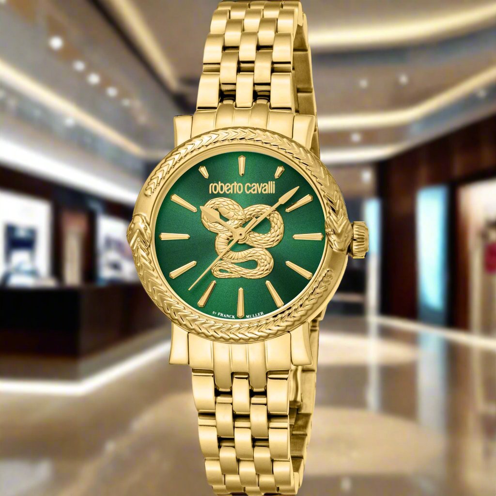 Roberto Cavalli By Franck Muller women's green dial serpent monogram timepiece