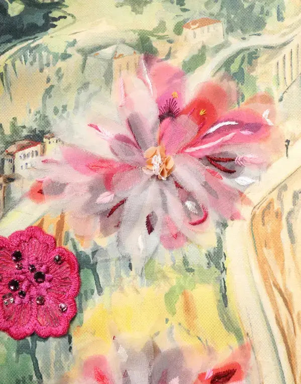 Colorful floral design with pink and red flowers on a textured background