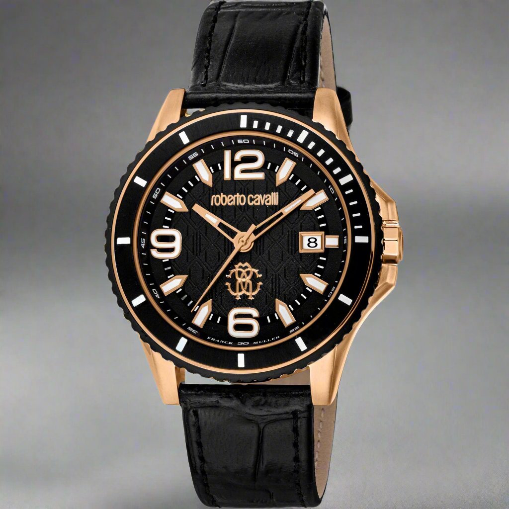 Roberto Cavalli By Franck Muller black dial gold case day date Watches