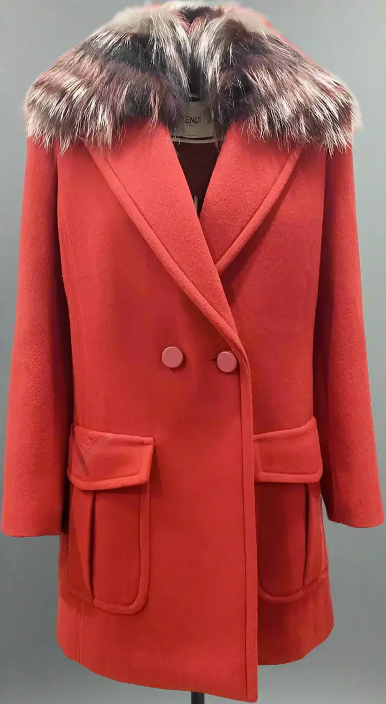 FENDI women's red Fur Collar Wool Coat