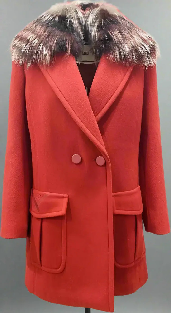 FENDI women's red Fur Collar Wool Coat