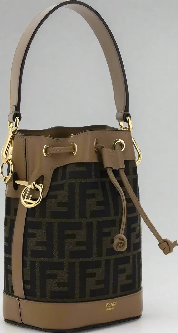 Brown handbag with gold accents on a white background