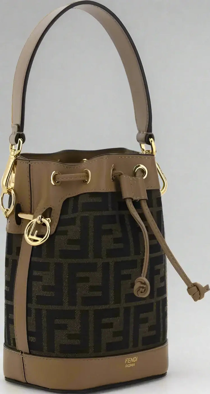 Brown handbag with gold accents on a white background