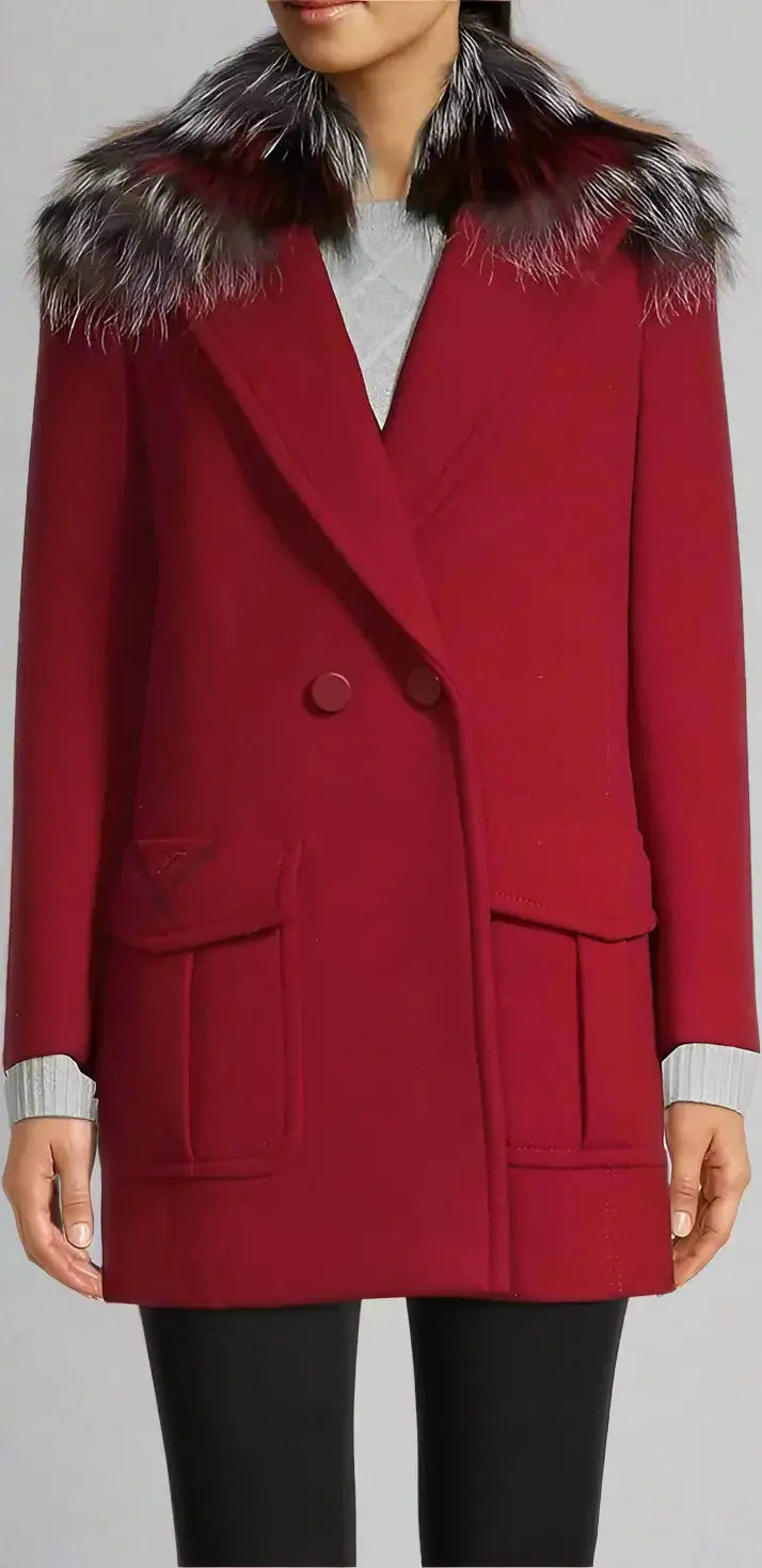 FENDI women's red Fur Collar Wool Coat