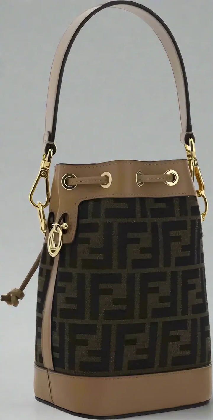 Designer handbag with brand logo on a white background