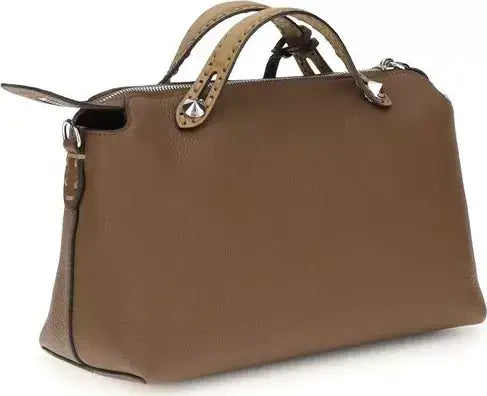Brown handbag with a strap on a white background