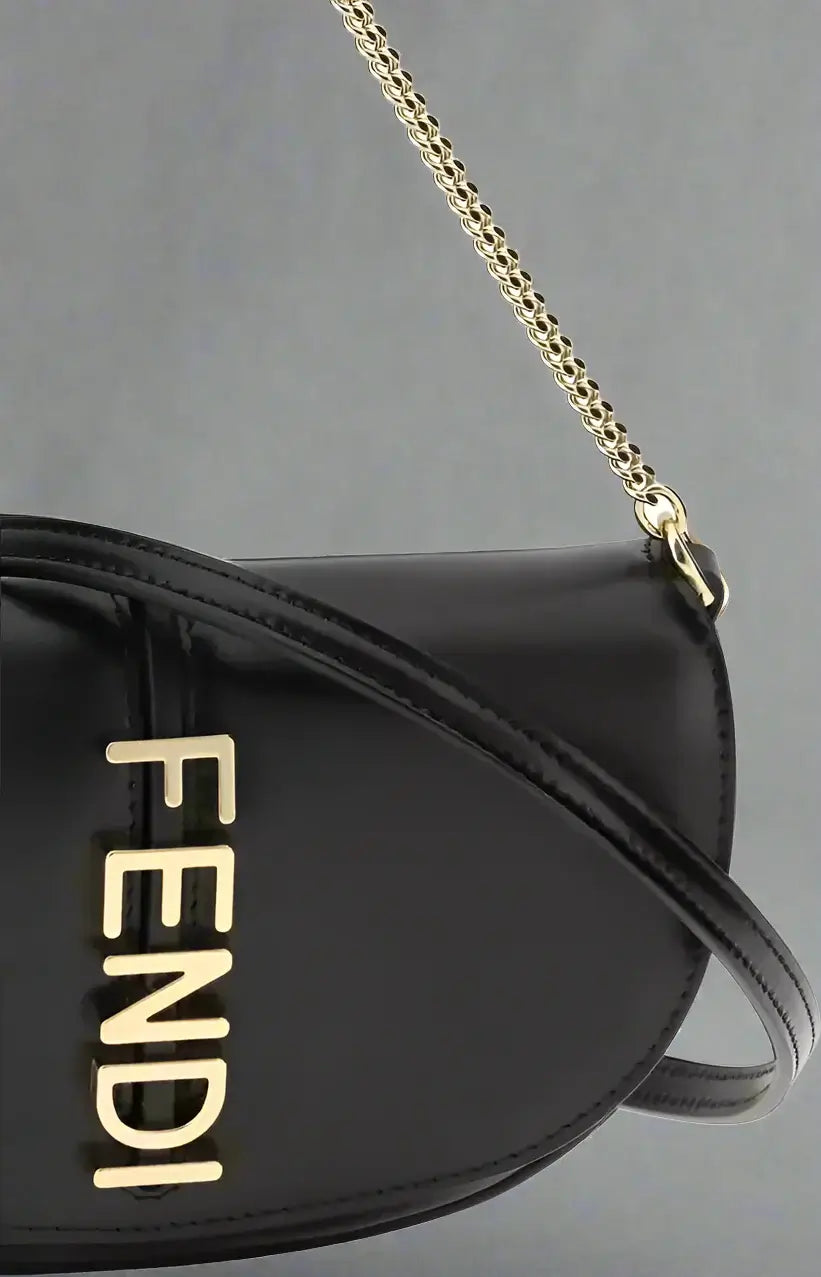 Black Fendi handbag with gold chain strap on a white background