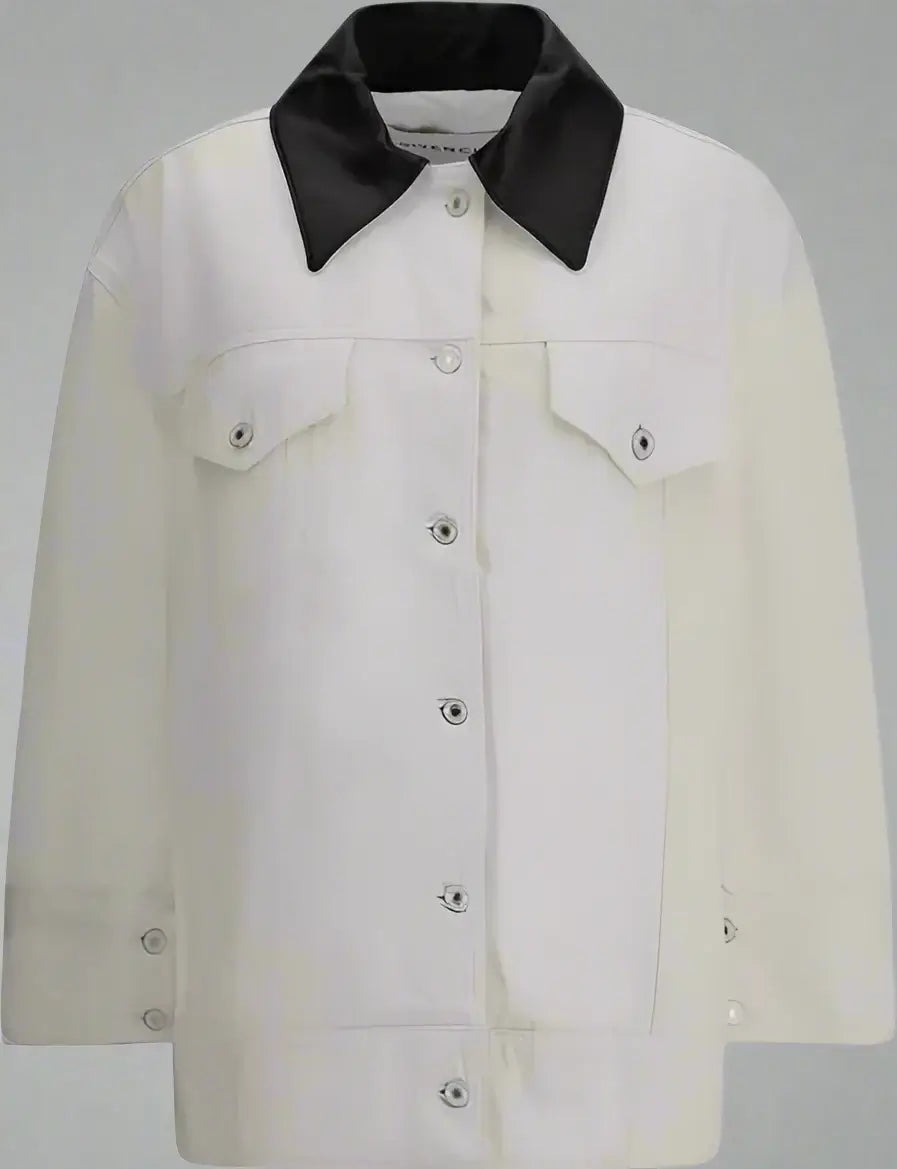 White jacket with black collar on a white background