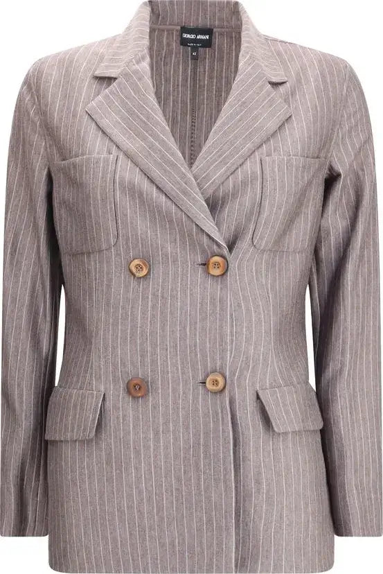 Gray pinstripe blazer with brown buttons on a white background