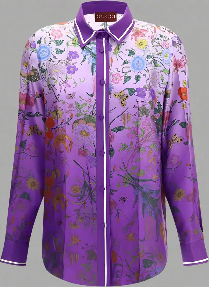 Purple floral patterned shirt with Gucci logo on collar