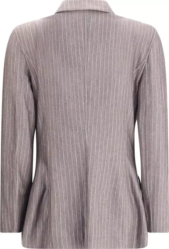 Back view of a gray pinstripe blazer on a white background