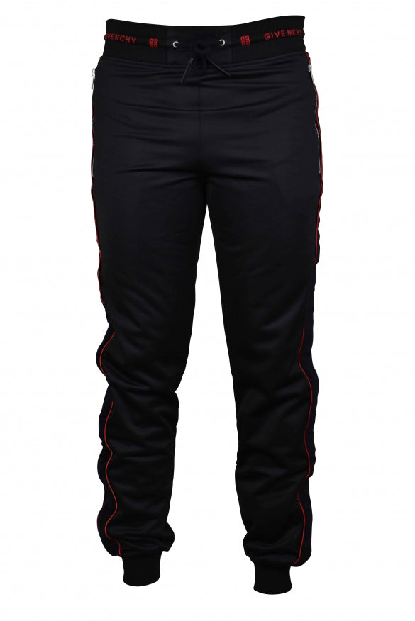 Black pants with red accents on a white background