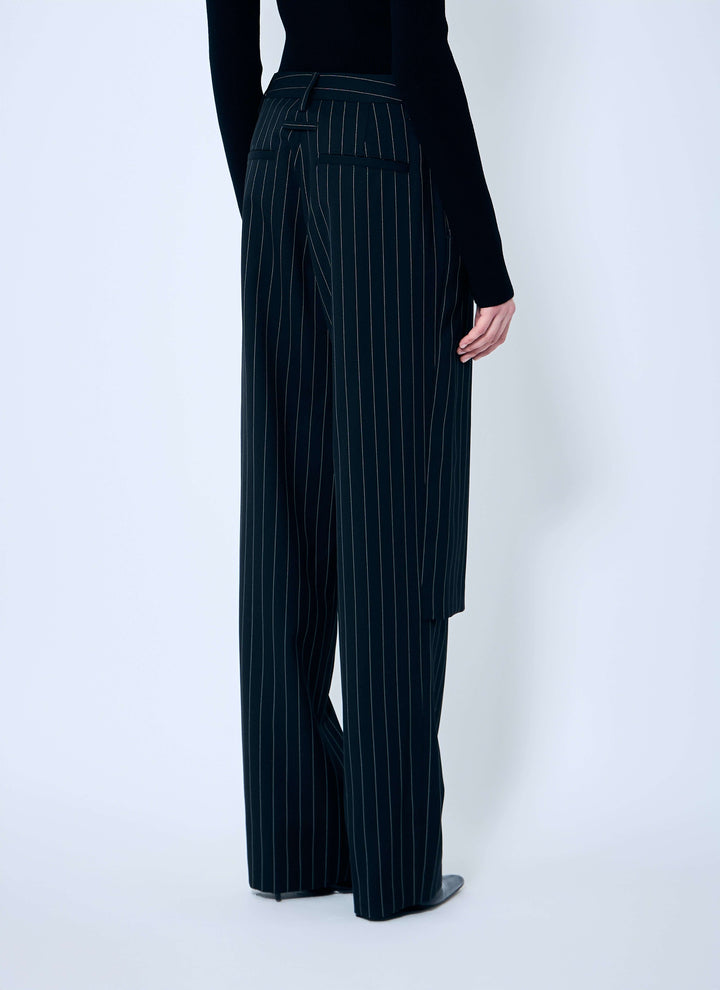 Person wearing black pinstripe pants on a white background