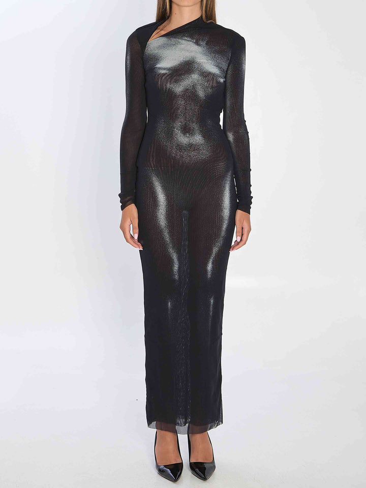 Black sheer long-sleeve dress on a white background