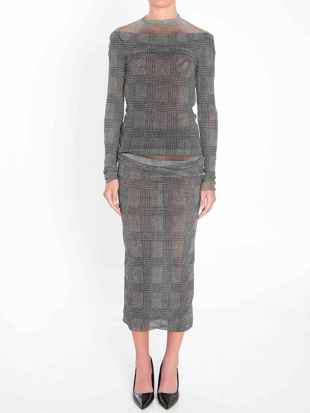Gray checkered dress with sheer mesh top on a white background