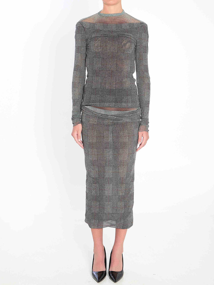 Gray checkered dress with sheer mesh top on a white background