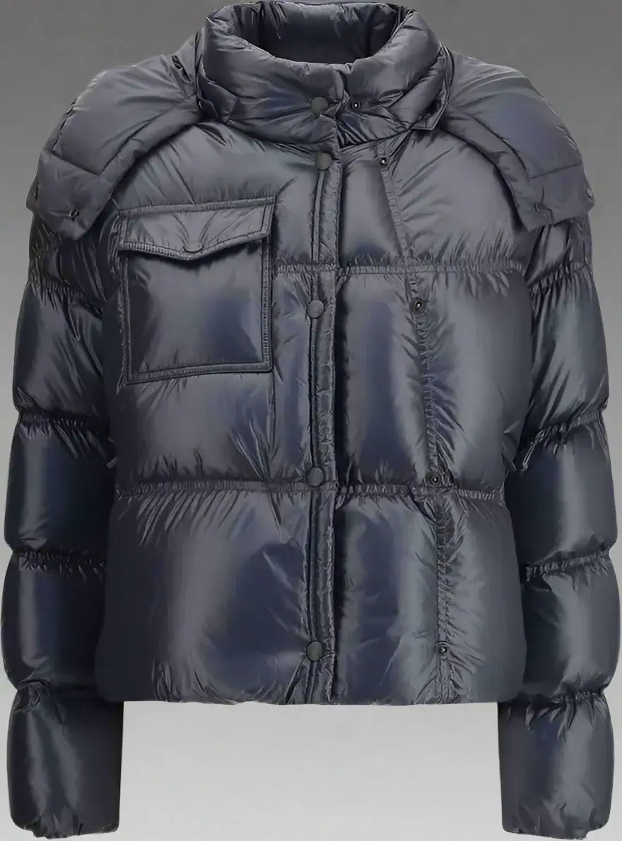 Dark blue puffer jacket with a hood on a white background