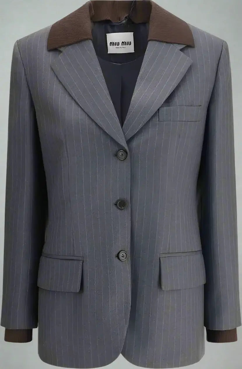 Gray pinstripe suit jacket with brown collar and cuffs on a white background