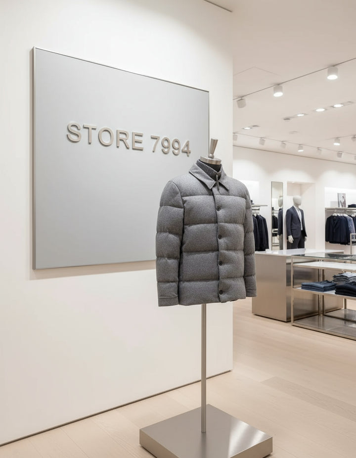 Gray puffer jacket with button details on a white background