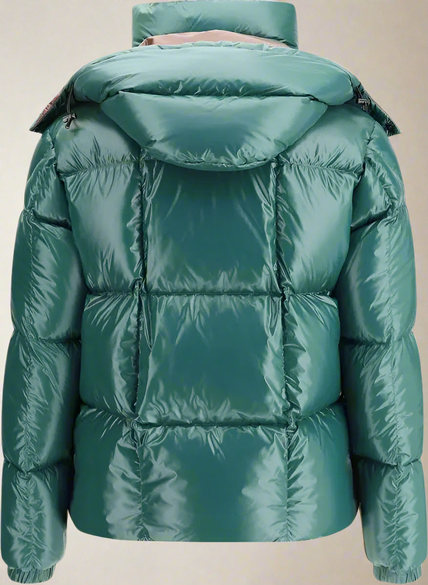 Green puffer jacket with a hood on a plain background