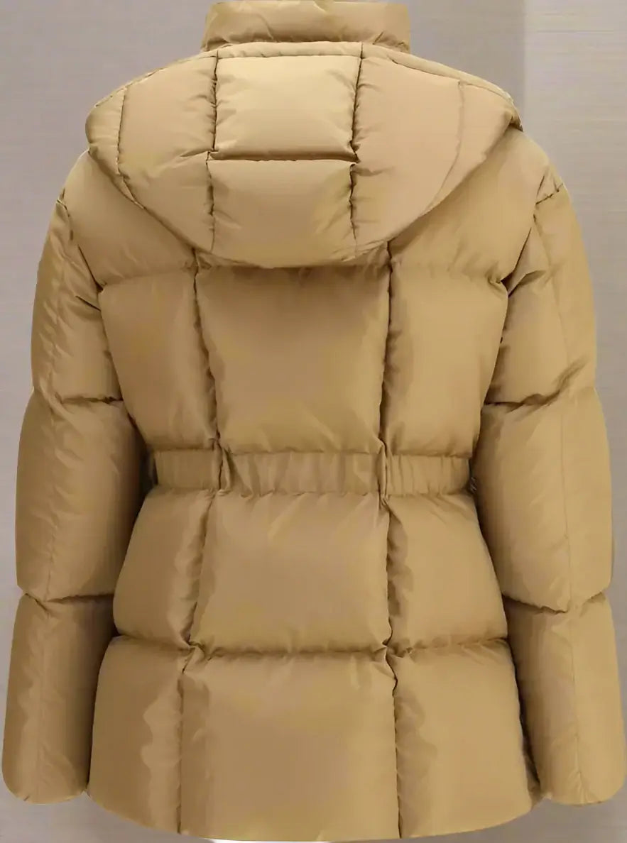 Beige puffer jacket with a hood on a white background