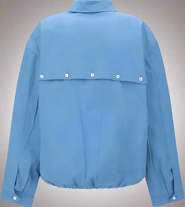Blue jacket with button details on a white background