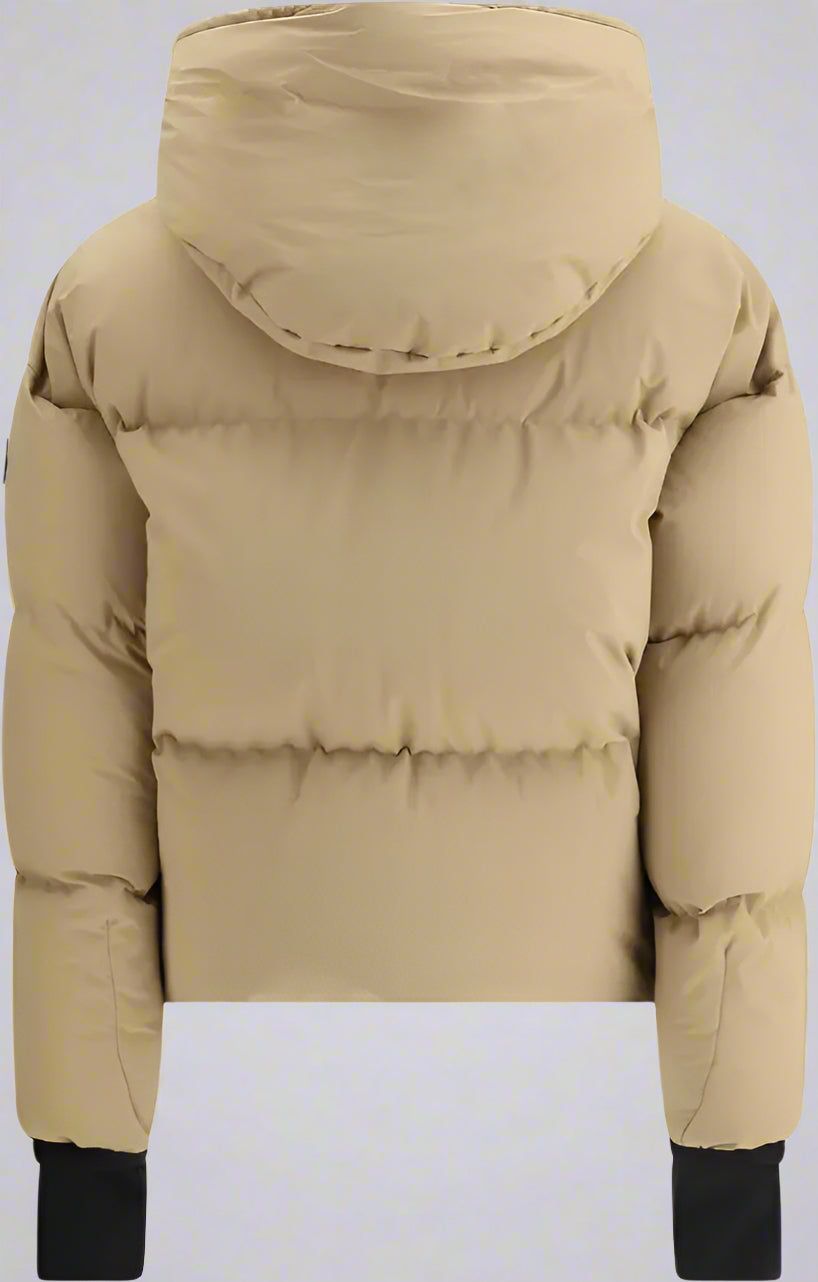 Beige puffer jacket with a hood on a white background
