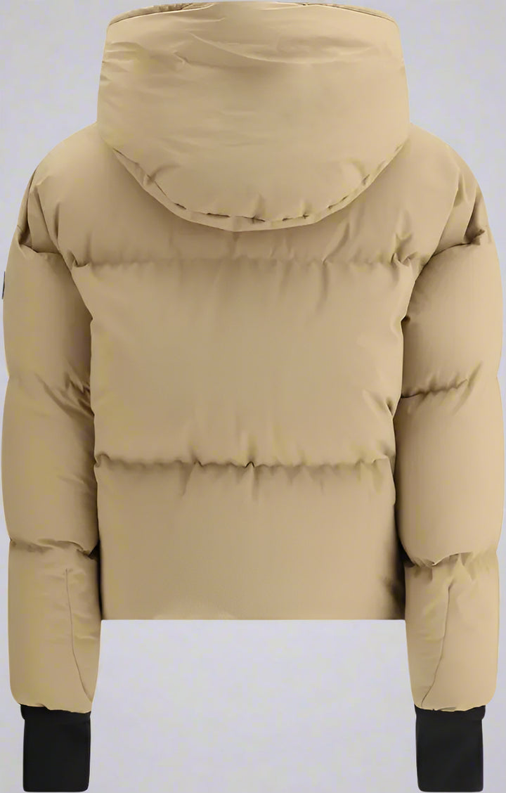 Beige puffer jacket with a hood on a white background