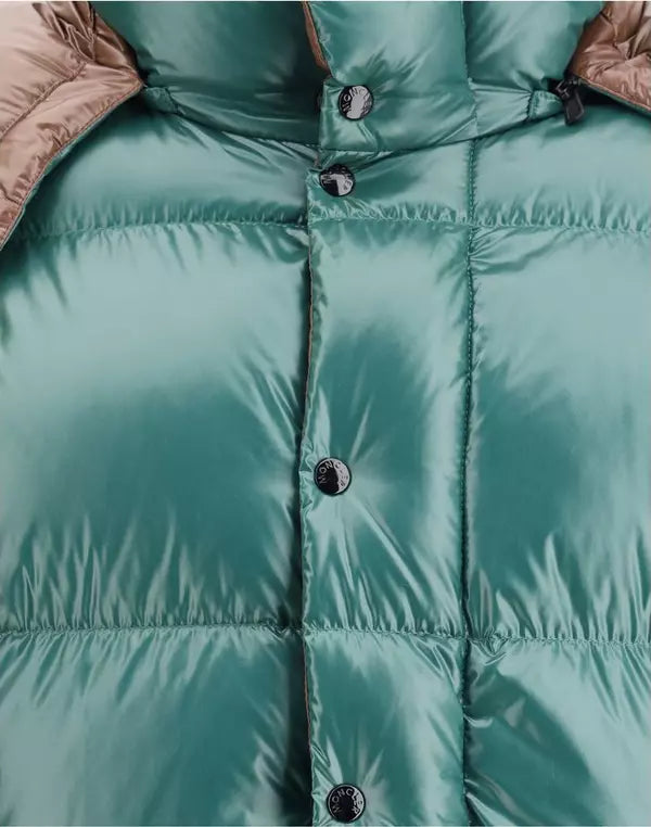 Close-up of a green puffer jacket with buttons